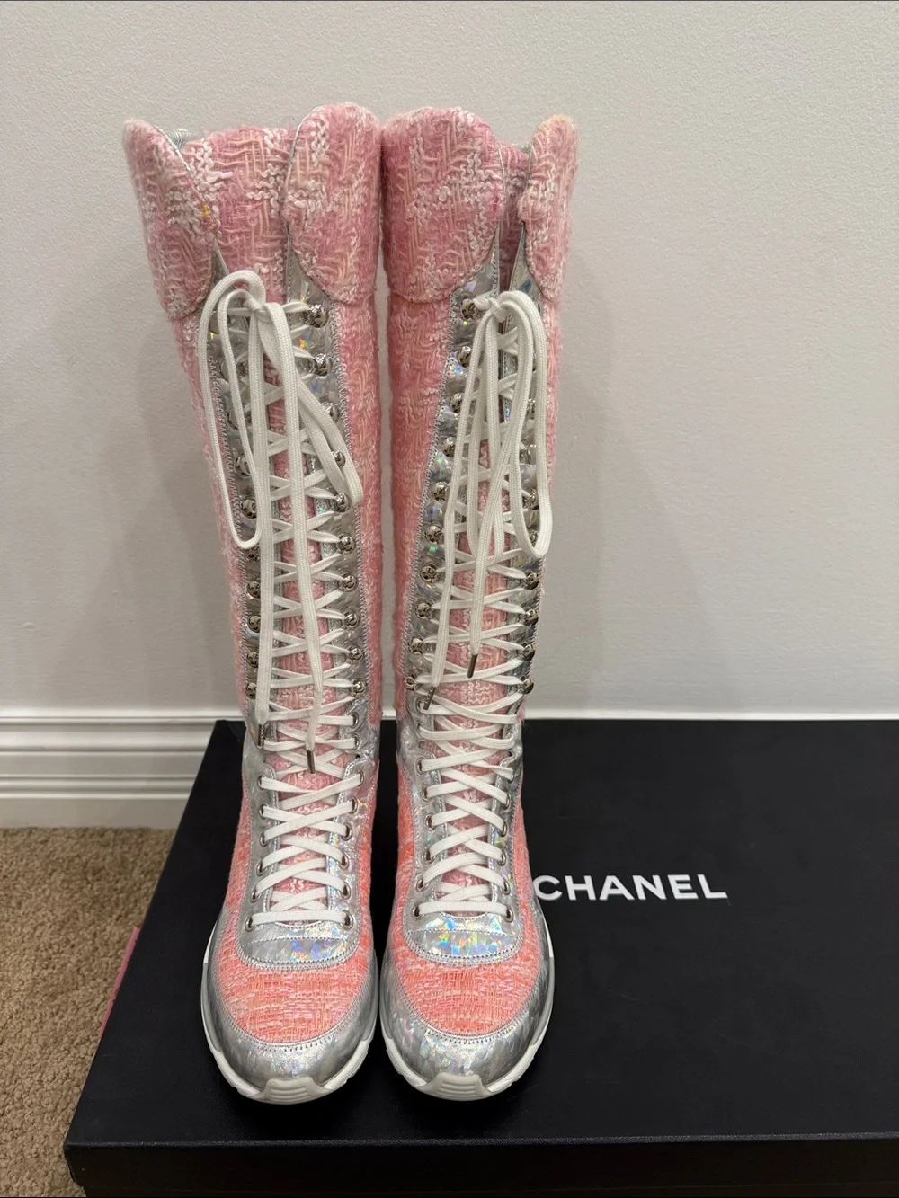 CHANEL Runway 2014 Paris Supermarket Pink Tweed Knee High Boots 37 Rare